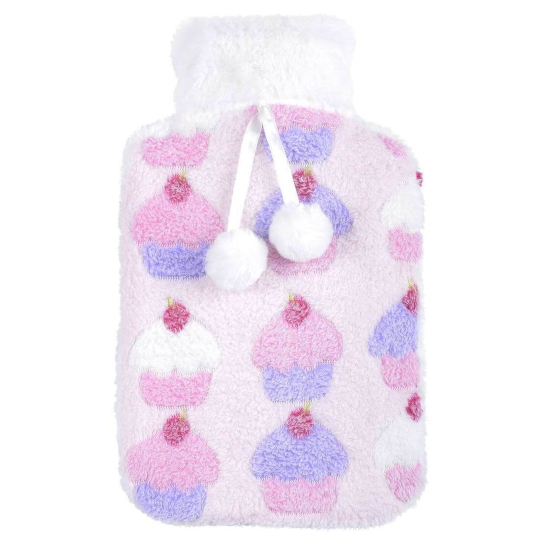 Hot Water Bottle Large Plush Fleece Cover Novelty Pompoms Cupcakes
