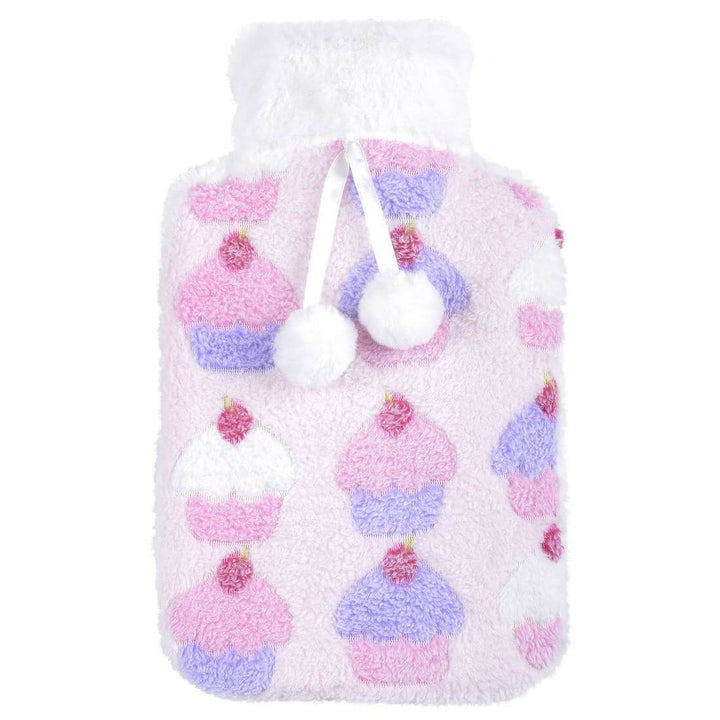 Hot Water Bottle Large Plush Fleece Cover Novelty Pompoms Cupcakes