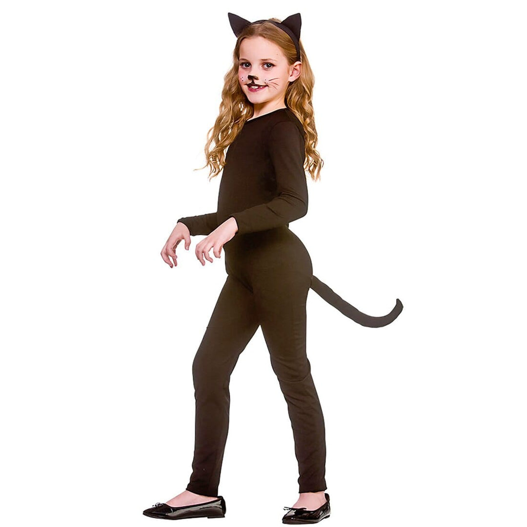 Girls Black Cat Suit Costume Fancy Dress Kitty Tail Ears S