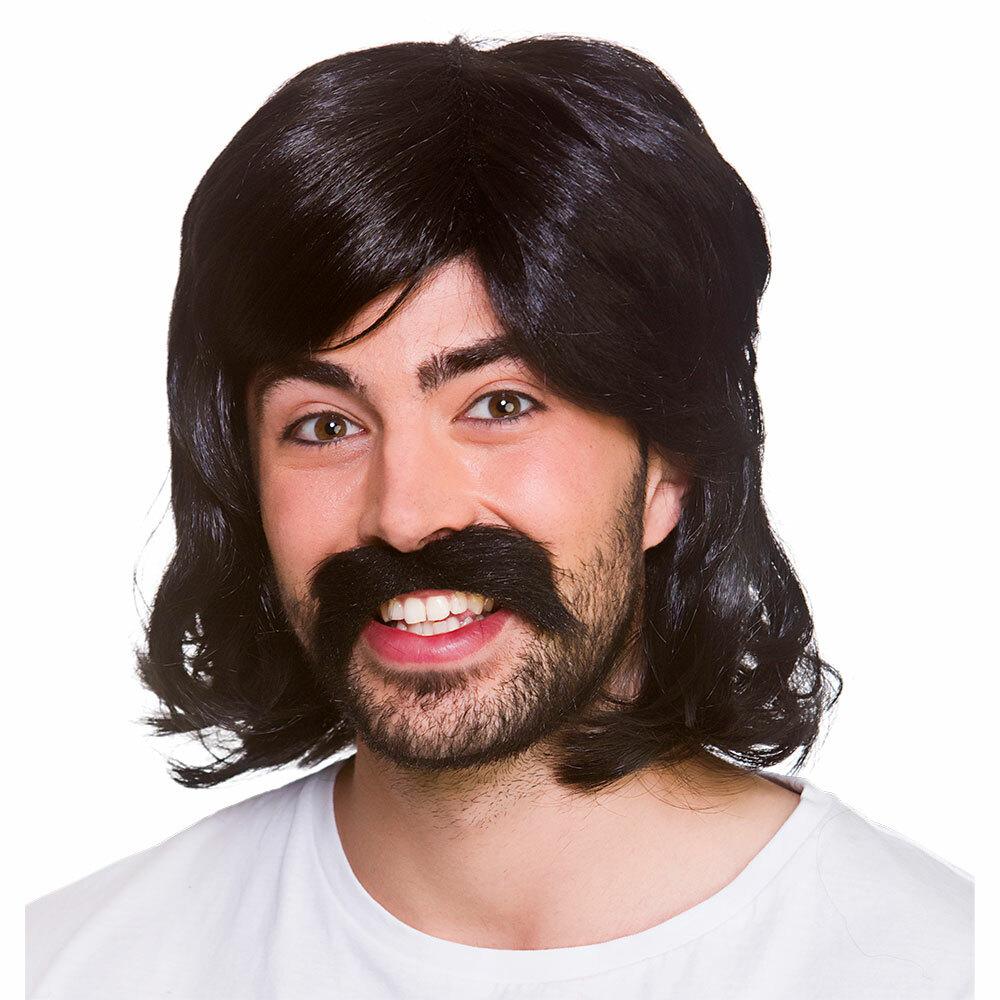 1970s Cool Guy Wig & Tash Black Hair Fancy Dress Halloween