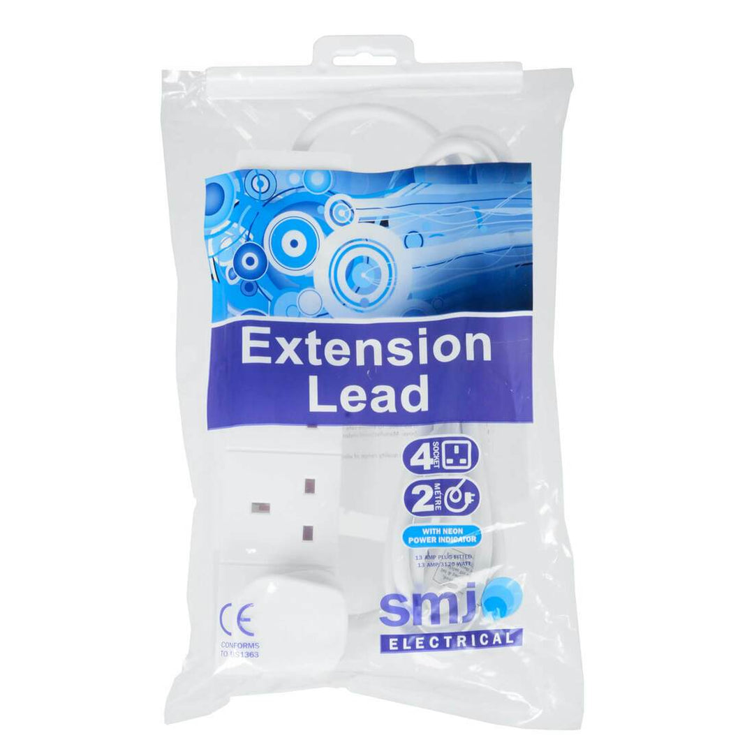 4 Socket 2m Cable Extension Lead White With Neon 13 Amp 3120W