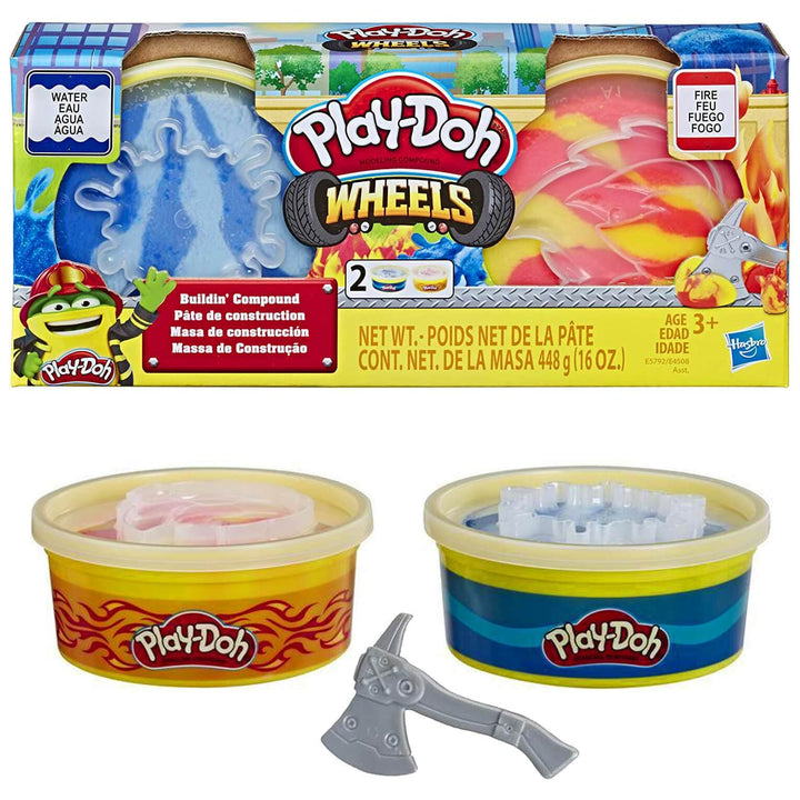 Play-Doh Wheels Compound Sets 2x8oz Tubs Dough Stamper Lid Tool Water/Fire