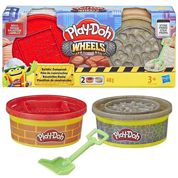 Play-Doh Wheels Compound Sets 2x8oz Tubs Dough Stamper Lid Tool Brick/Stone