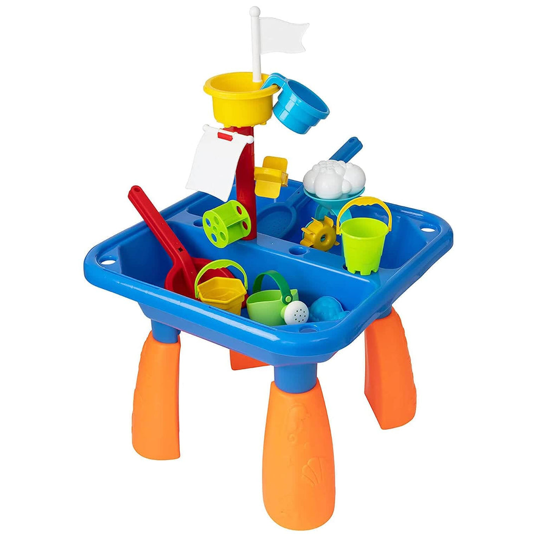 blue plastic sand table filled with mini sand buckets, spades and water toys on white background
