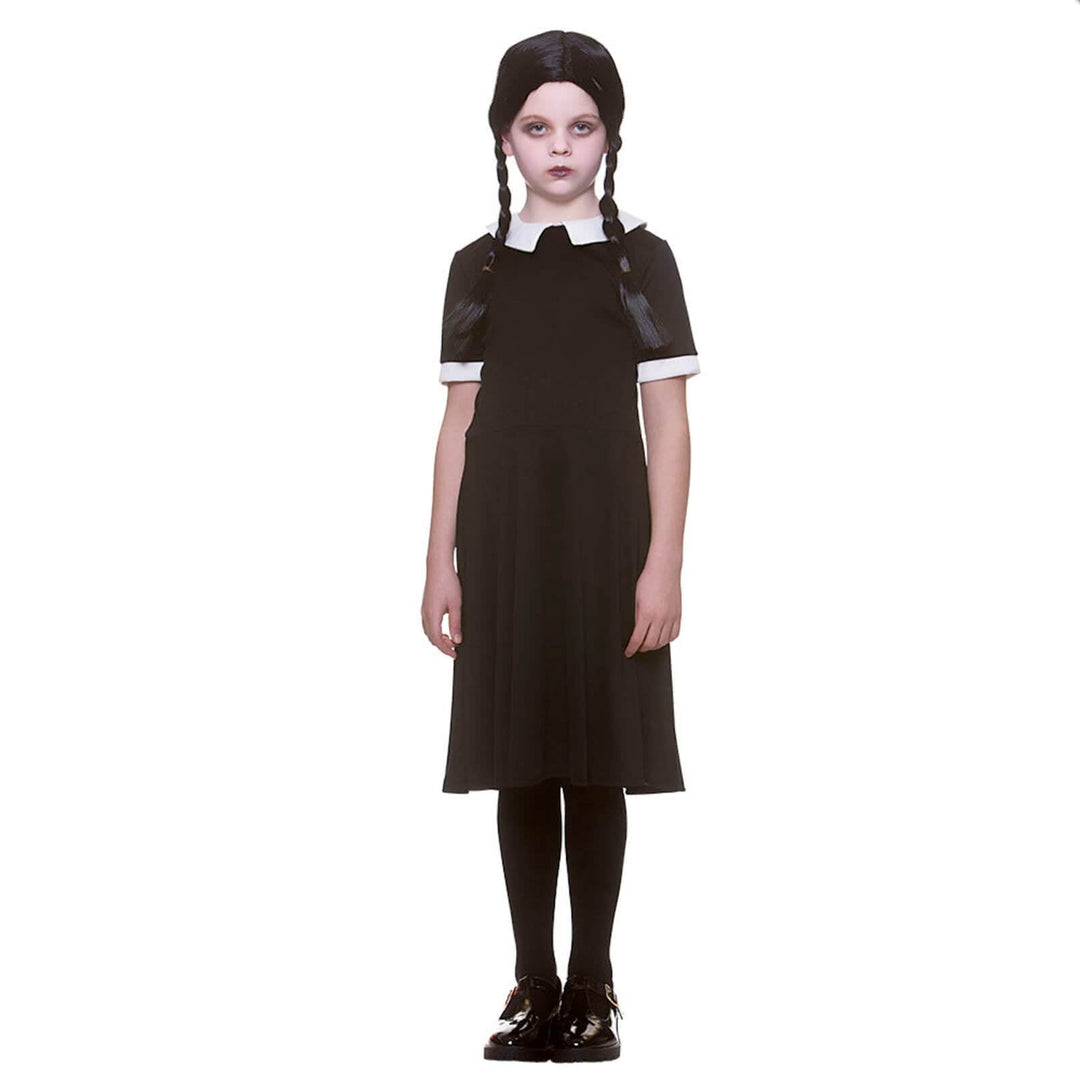Girls Creepy School Girl Dress & Wig Wednesday Addams Costume