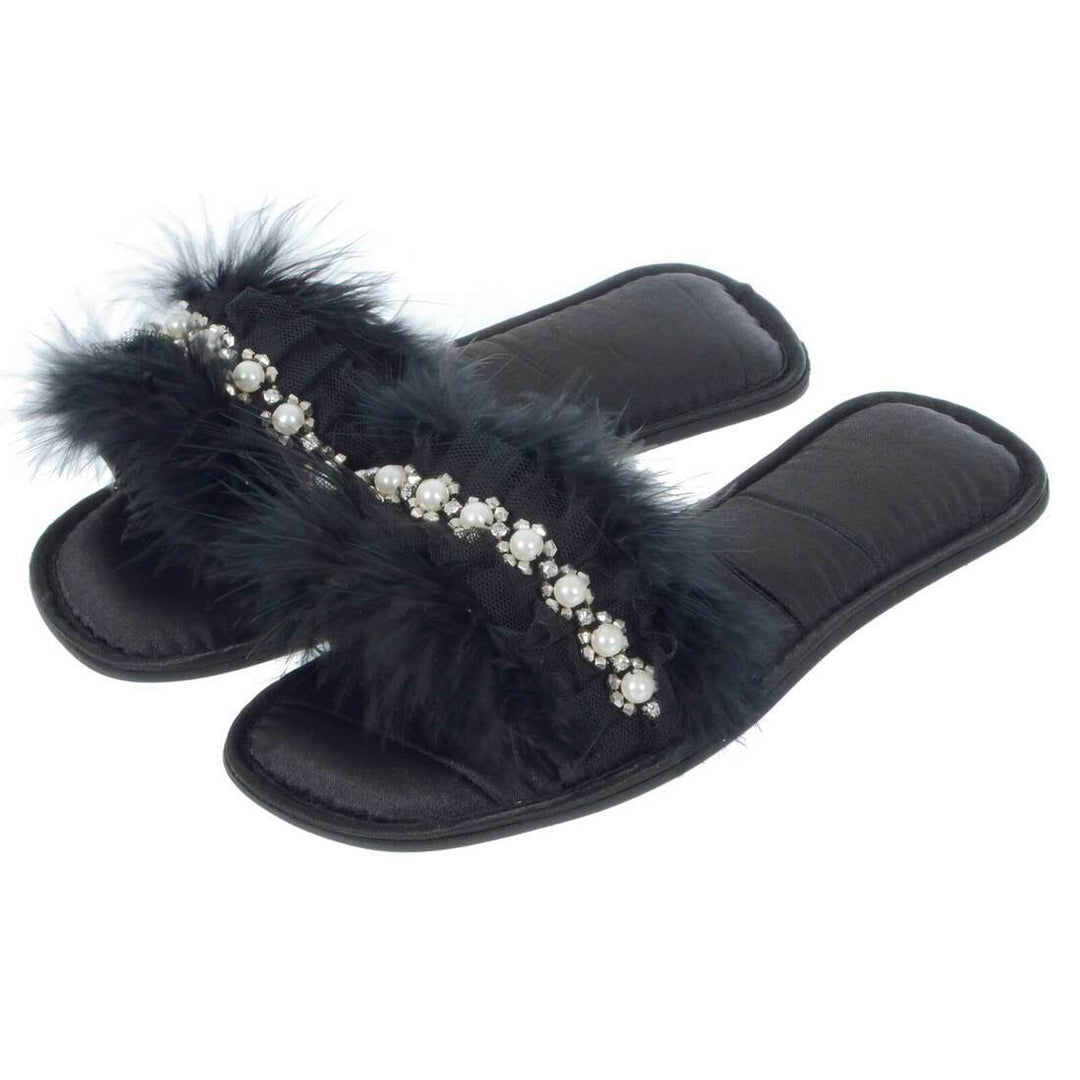 Womens Abbie Mule Slippers Faux Fur Pearls Diamante Open Toe Black / S