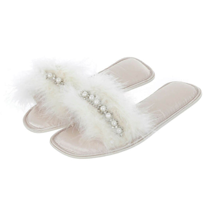 Womens Abbie Mule Slippers Faux Fur Pearls Diamante Open Toe Ivory / S