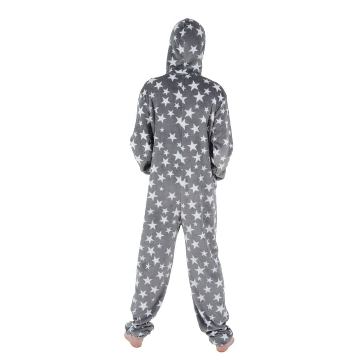 Mens All in One Pyjamas White Stars Hooded Fleece Nightwear