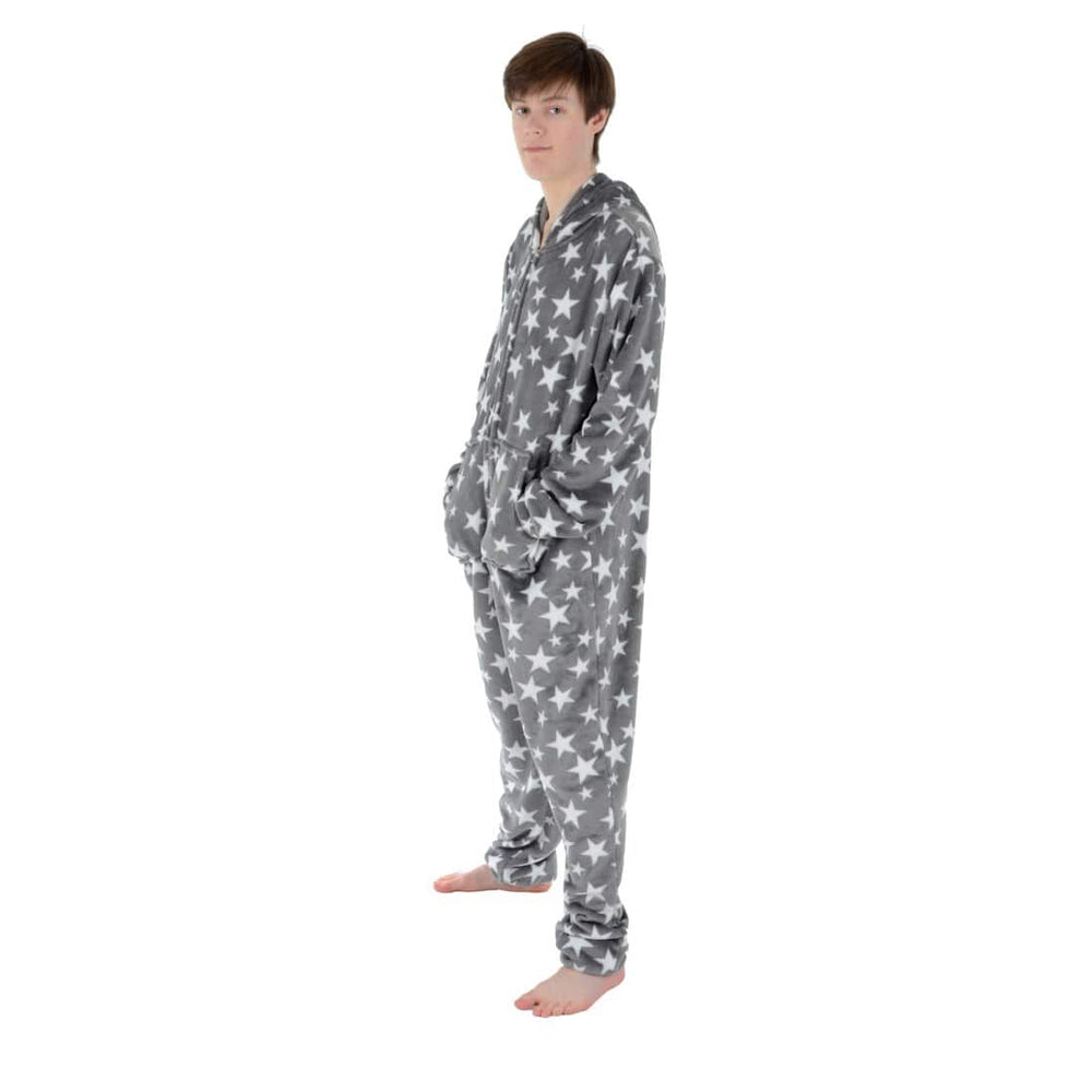 Mens All in One Pyjamas White Stars Hooded Fleece Nightwear Grey / M