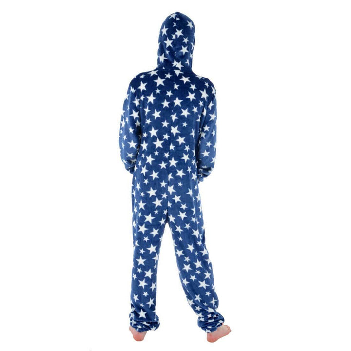 Mens All in One Pyjamas White Stars Hooded Fleece Nightwear