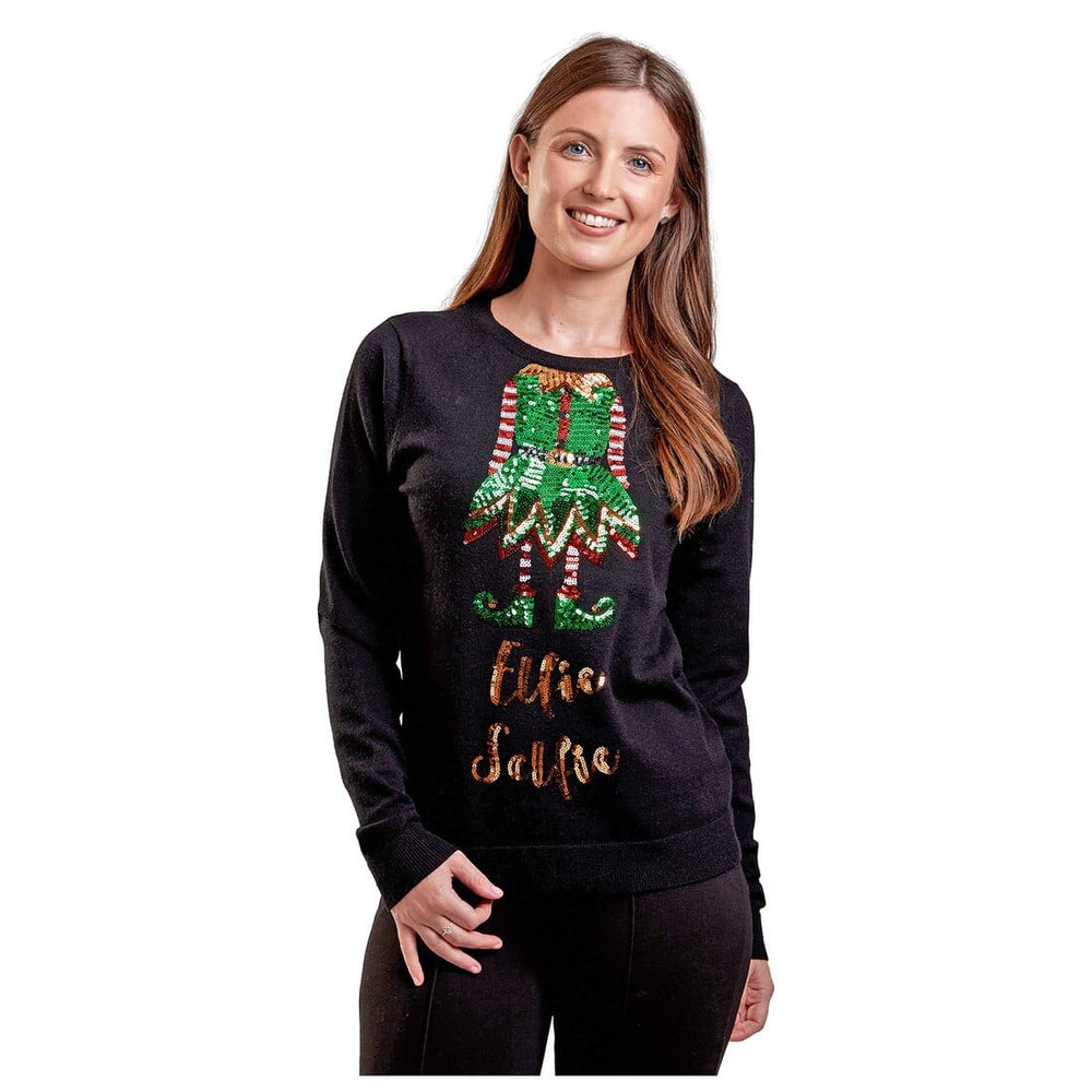 Womens Elfie Selfie Christmas Jumper Sparkle Sequins Xmas Top Black / 8