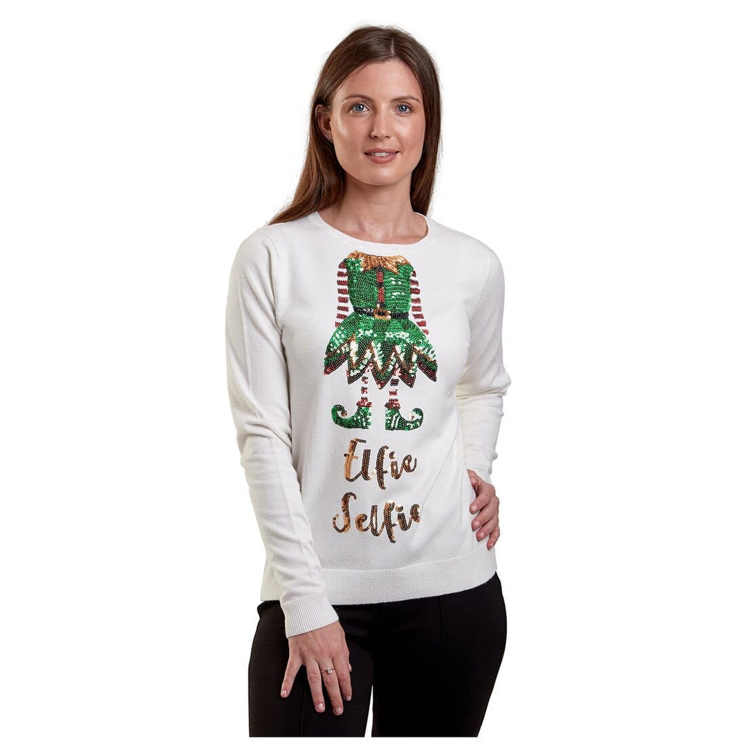 Womens Elfie Selfie Christmas Jumper Sparkle Sequins Xmas Top Cream / 8