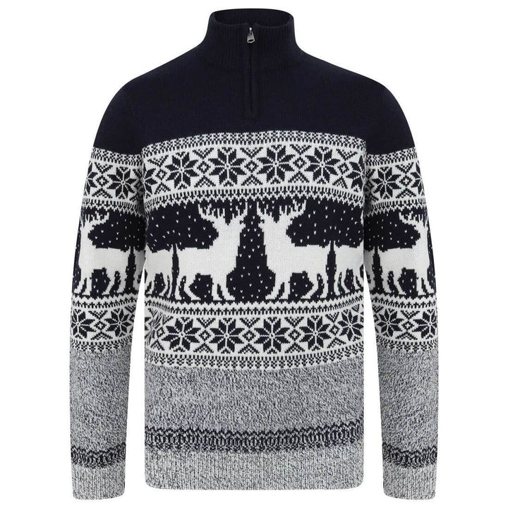 Mens Nordic Pattern Christmas Jumper Fairisle Reindeer 1/4 Zip Ink / S