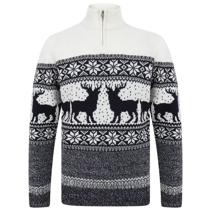 Mens Nordic Pattern Christmas Jumper Fairisle Reindeer 1/4 Zip Ecru / S