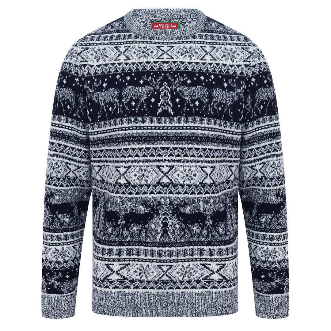 Mens Reindeer Fair Isle Christmas Jumper Grey Marl Nordic Ink / S