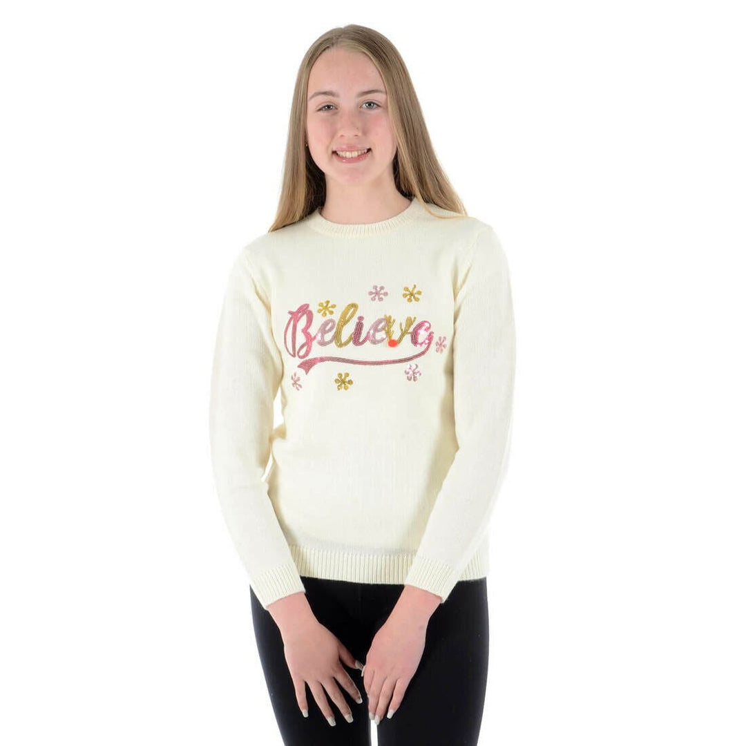 Girls Christmas Jumper Believe Flowers Sequins Pink Gold 4-5