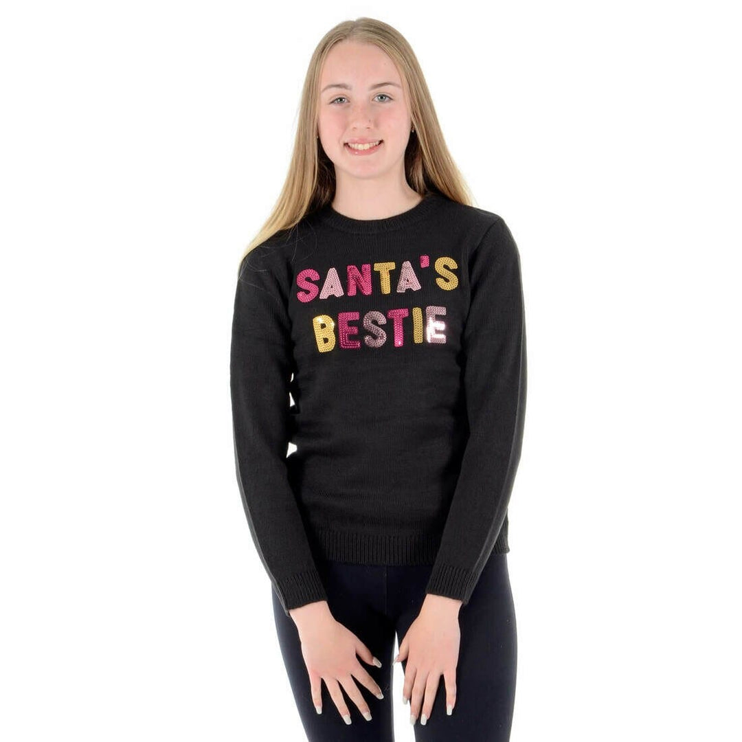 Girls Santas Bestie Christmas Jumper Gold Pink Sequins 4-5