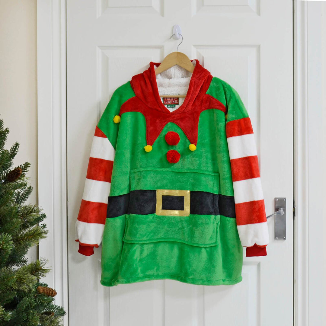 Kids Christmas Elf Hoodie Blanket Unisex Oversized Fleece Top