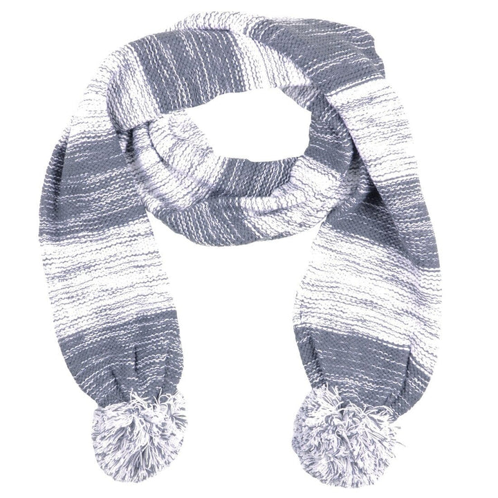 Drew Womens Knitted Scarf Marl Stripe & Large Pom Poms Grey