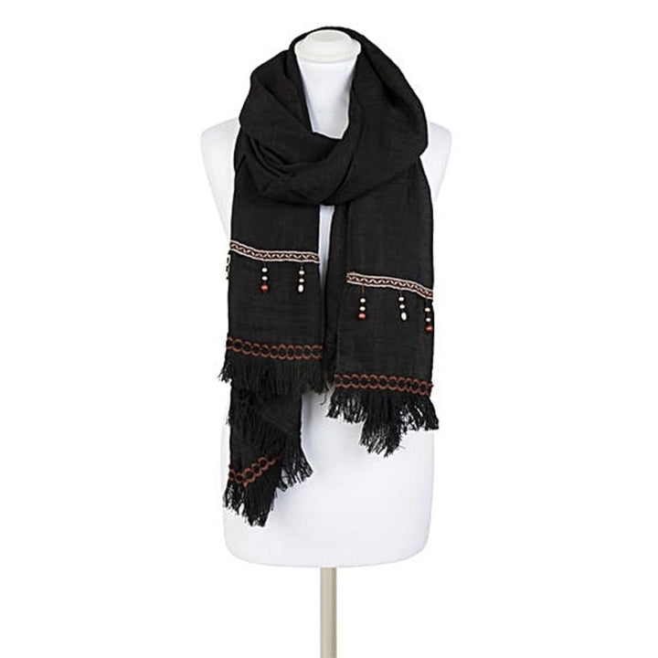 Klaudia Womens Black Fringed Scarf Beaded Wrap
