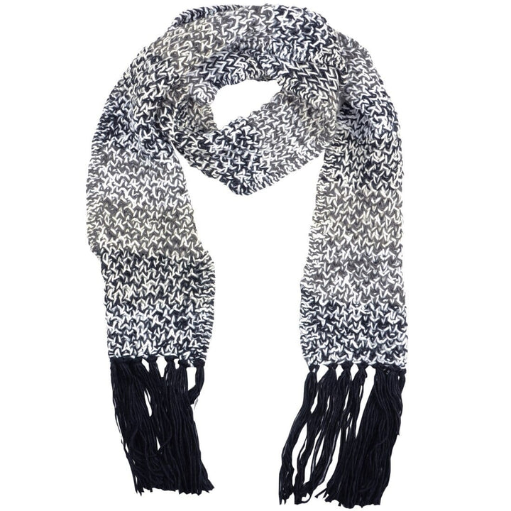 Womens Ontario Chunky Knit Scarf With Long Fringe Tassels Grey & Black