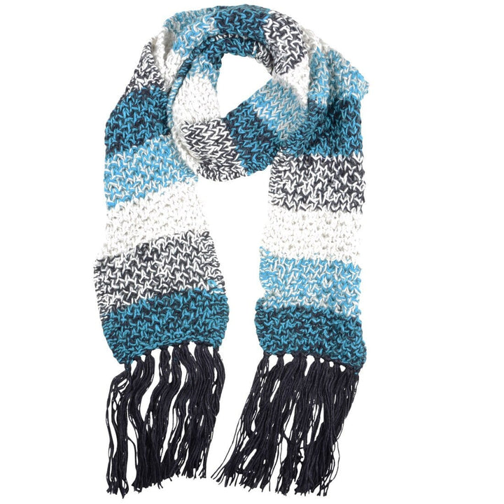 Womens Ontario Chunky Knit Scarf With Long Fringe Tassels Blue & Navy