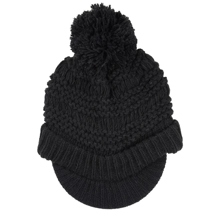 Womens Chunky Knit Willow Hat With Peak & Pom Pom Bobble Black