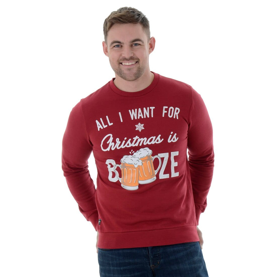 Mens Novelty Christmas Jumper Sweatshirt All I Want Is Booze Red / S