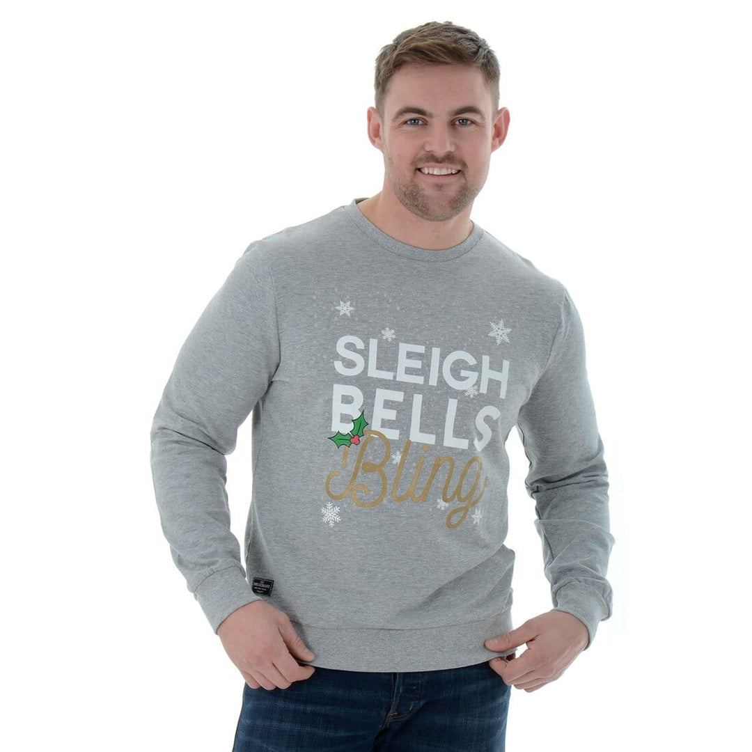 Mens Novelty Christmas Jumper Sweatshirt Sleigh Bells Bling Grey Marl / L