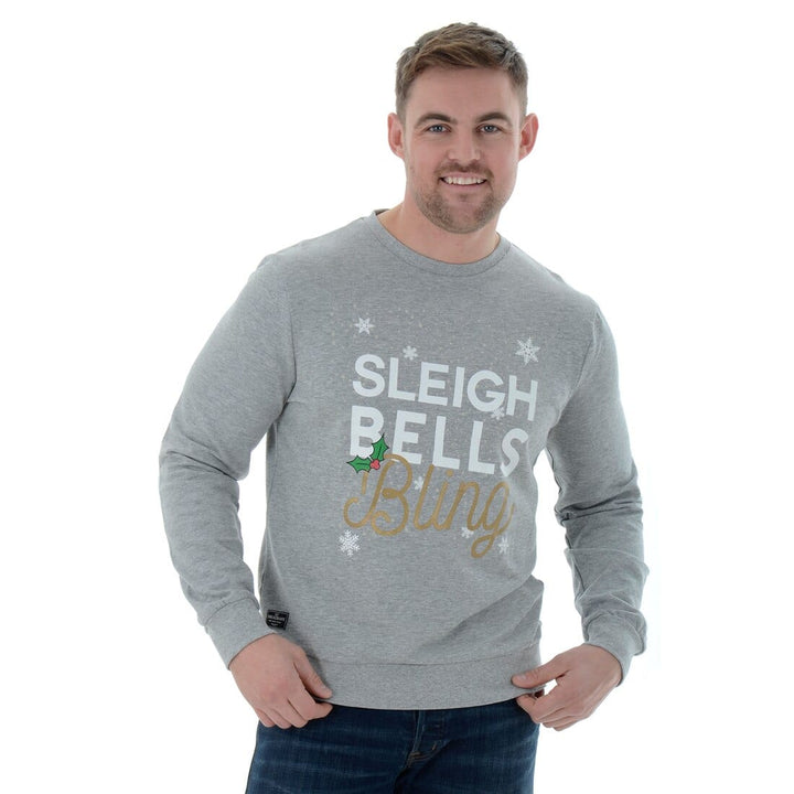 Mens Novelty Christmas Jumper Sweatshirt Sleigh Bells Bling Grey Marl / L