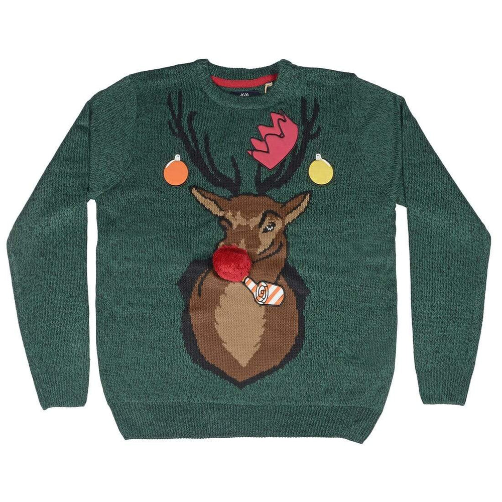 Mens Christmas Jumper Rudolph Stag Head Green Black Fun S