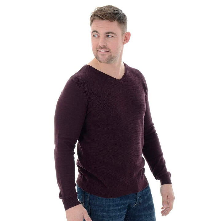 Threadbare Wilson Mens V-Neck Fine Knit Cotton Jumper Merlot / S