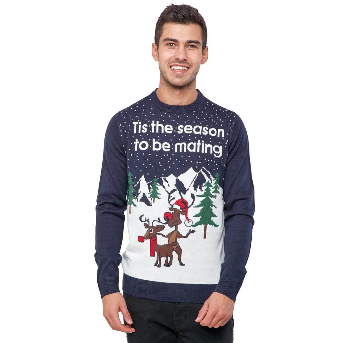Mens Christmas Jumper Rude Reindeer Xmas Navy Adult Party Fun – XS