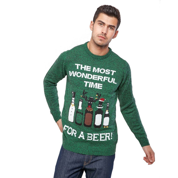 Mens Christmas Jumper Green Time For A Beer Bottles Party Fun S