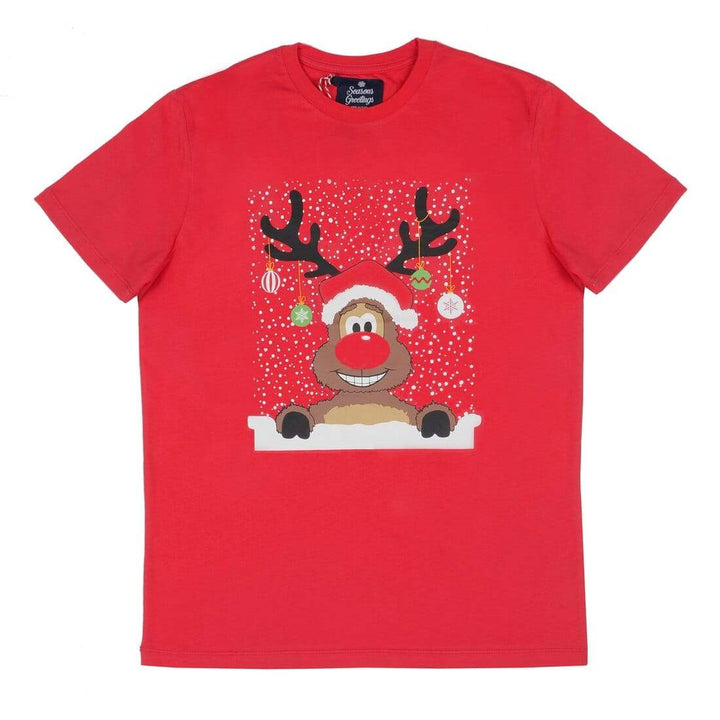 Mens Red Christmas T-Shirt With Reindeer & Baubles Print S