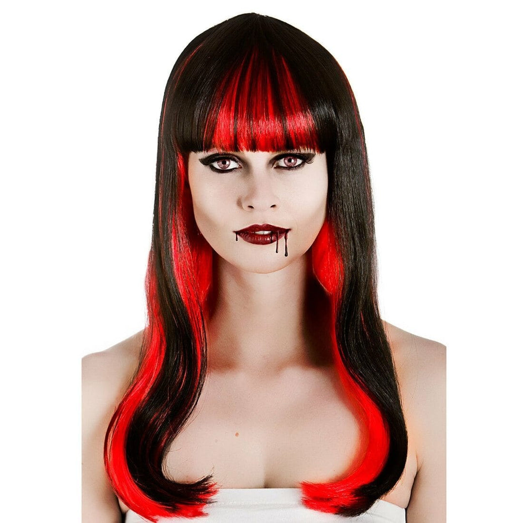 Womens Alluring Vampire Wig Long Black Red Halloween Accessory