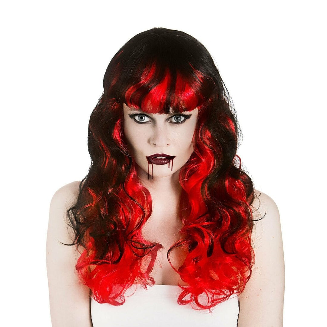 Womens Curly Long Vampiress Wig Black Red Halloween Accessory