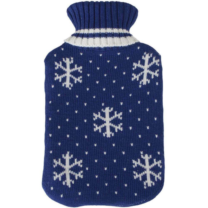 Hot Water Bottle Large Soft Knitted Cover Turtle Neck Top Snowflake Blue