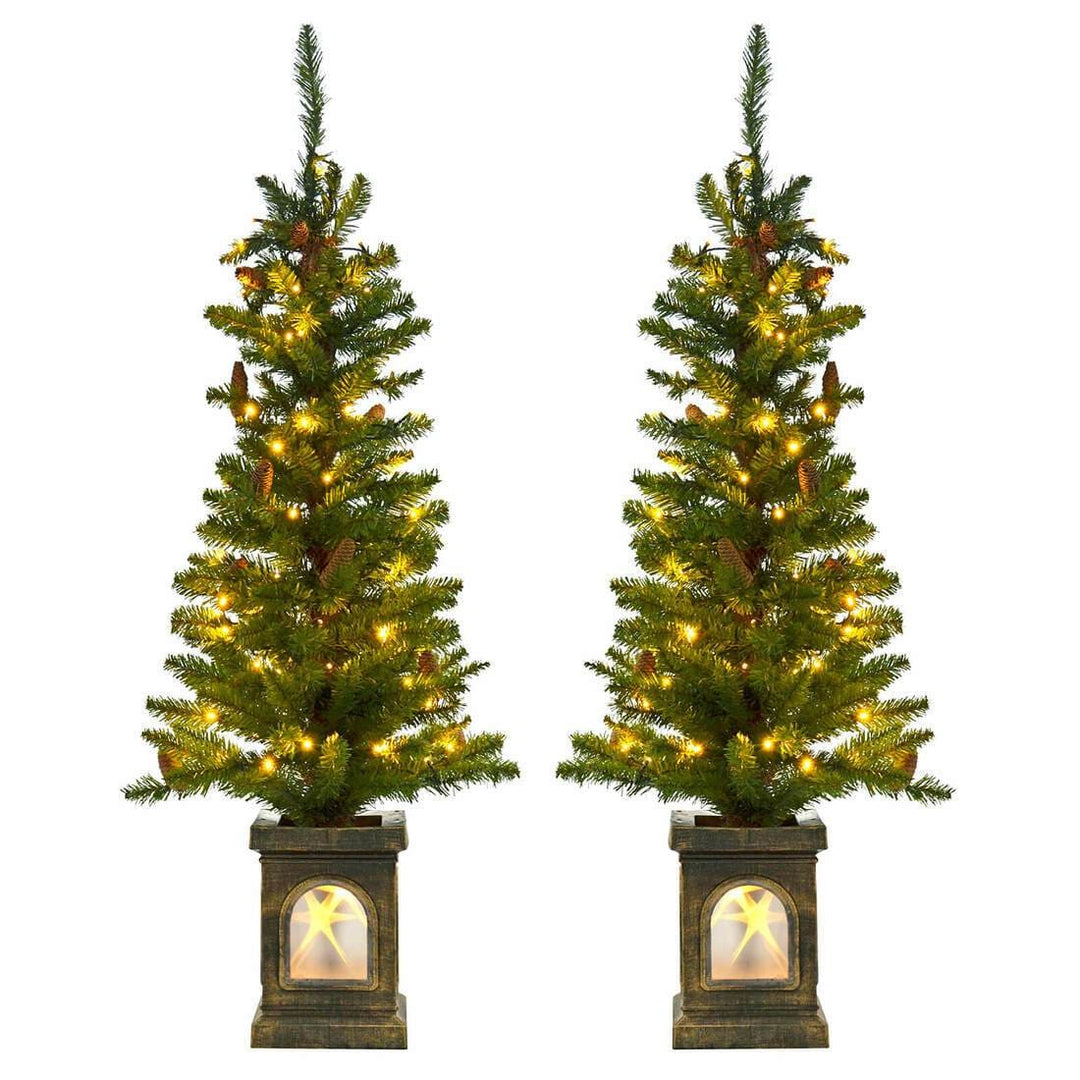 Set Of 2 Pre-Lit 4ft Green Pine Cone Christmas Pathway Trees