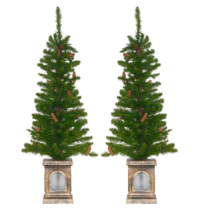 Set Of 2 Pre-Lit 4ft Green Pine Cone Christmas Pathway Trees
