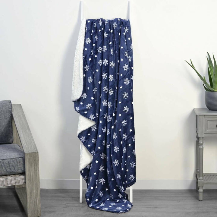 Snowflake Sherpa Lined Fleece Blanket Throw Soft 150 x 200cm Navy / 130 x 160cm
