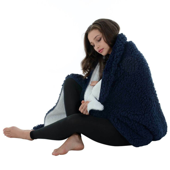 Double Layer Sherpa Super Soft Fleece Blanket Home Sofa Bed Throw Navy / 130 x 150cm