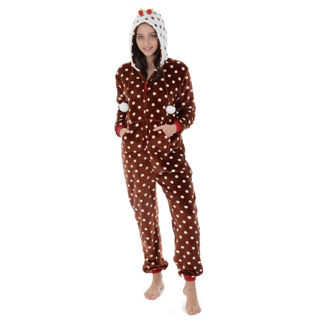 Womens Fleece Christmas All In One Pyjamas Xmas Pudding Hood XS