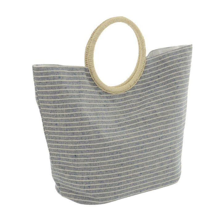 Womens Canvas Stripe Beach Shopping Holiday Bag Round Handle Blue