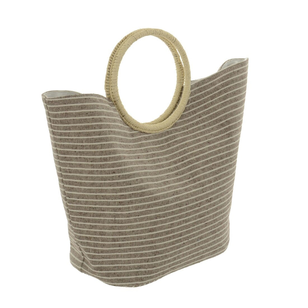 Womens Canvas Stripe Beach Shopping Holiday Bag Round Handle Mocha