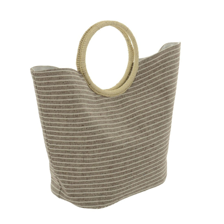 Womens Canvas Stripe Beach Shopping Holiday Bag Round Handle Mocha