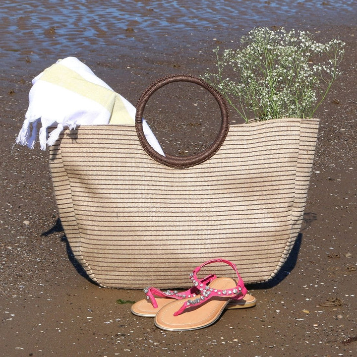 Womens Brown Stripe Beach Holiday Tote Bag Round Handle