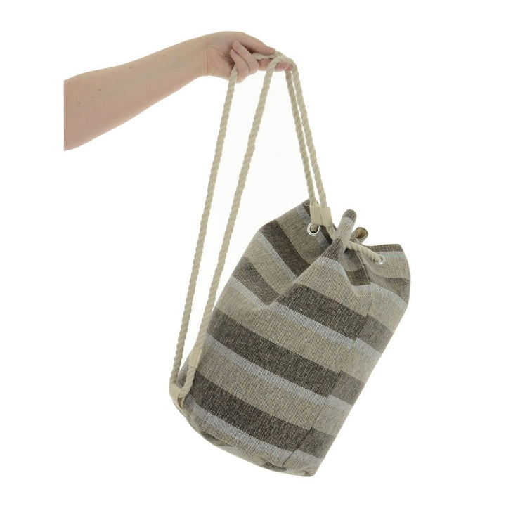 Womens Grey Stripe Canvas Duffle Beach Bag Rope Strap