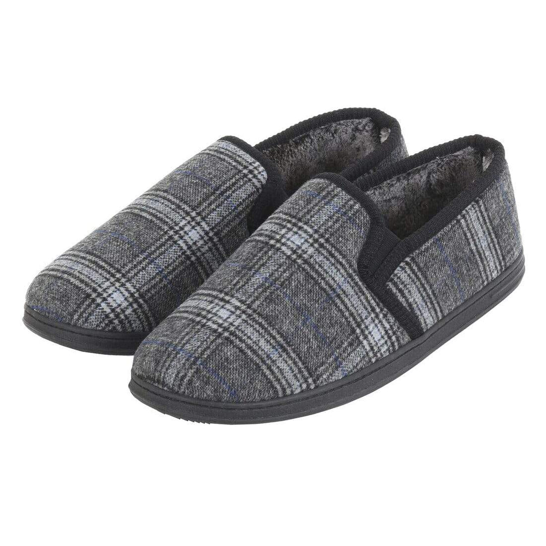 Mens Full Slippers Check Fleece Faux Fur Lining Non-Slip Sole Grey / 7