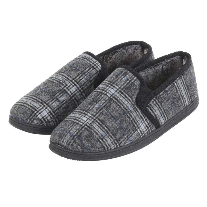 Mens Full Slippers Check Fleece Faux Fur Lining Non-Slip Sole Grey / 7